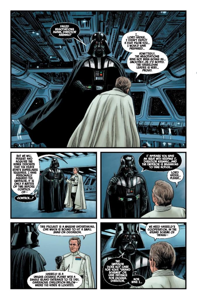 A comic book panel depicting Darth Vader speaking with Director Krennic in a spaceship's control room. Krennic looks anxious while Vader appears authoritative and imposing.