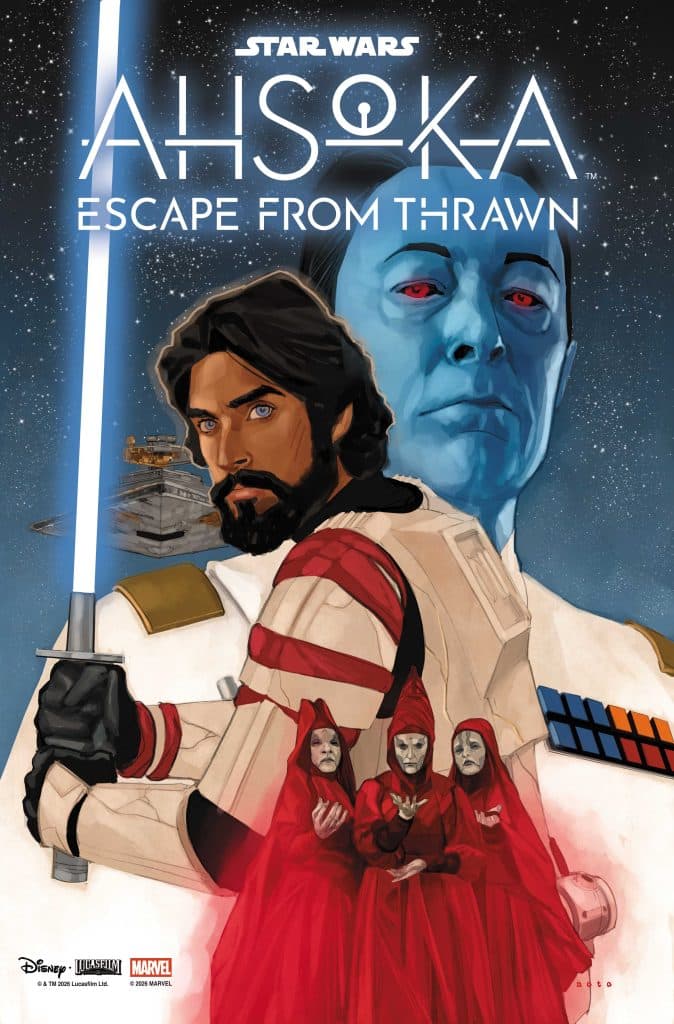 Star Wars comic cover featuring Ahsoka Tano and Thrawn, with Ahsoka holding a lightsaber and three cloaked figures in red in the foreground.