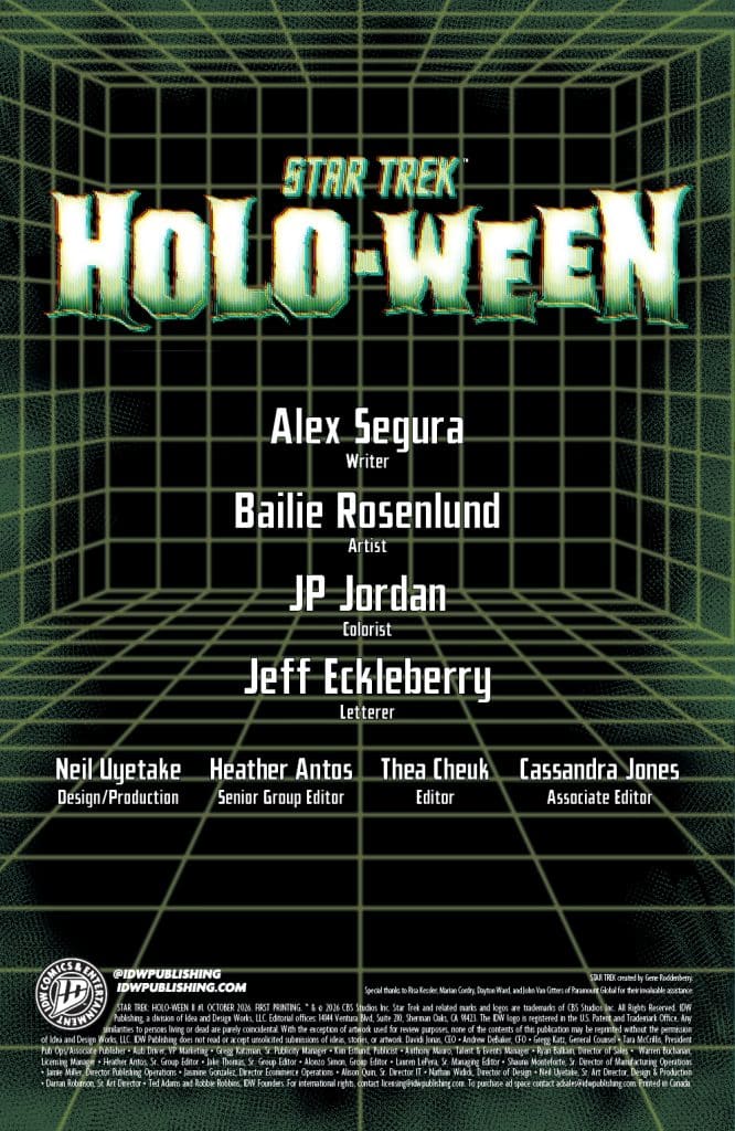 Cover page for 'Star Trek: Holo-Ween' featuring title and list of contributors including writers, artists, and editorial team.