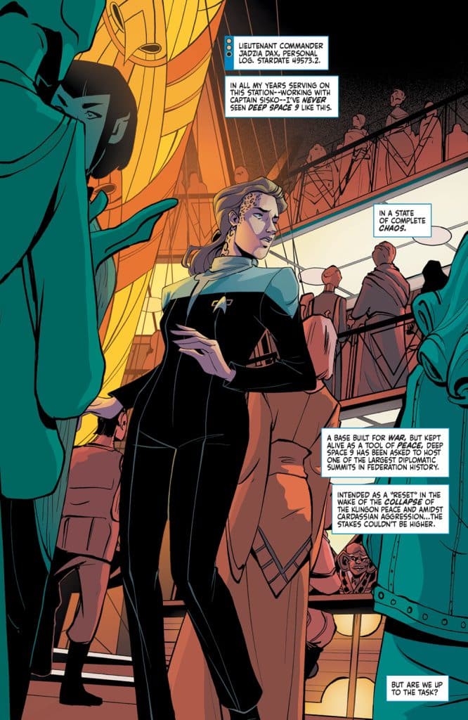 An illustration of Lieutenant Commander Jadzia Dax from Star Trek, standing in a chaotic scene aboard Deep Space 9. She wears a Starfleet uniform and appears concerned while observing a crowded diplomatic gathering.