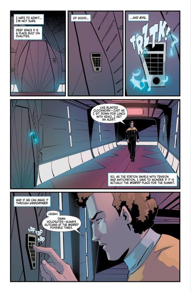 A comic page featuring two characters discussing tension and alerts in a sci-fi setting. One character is interacting with a control panel while the other walks down a corridor. Dialogue bubbles express their concerns about the situation and the unpredictability of technology.