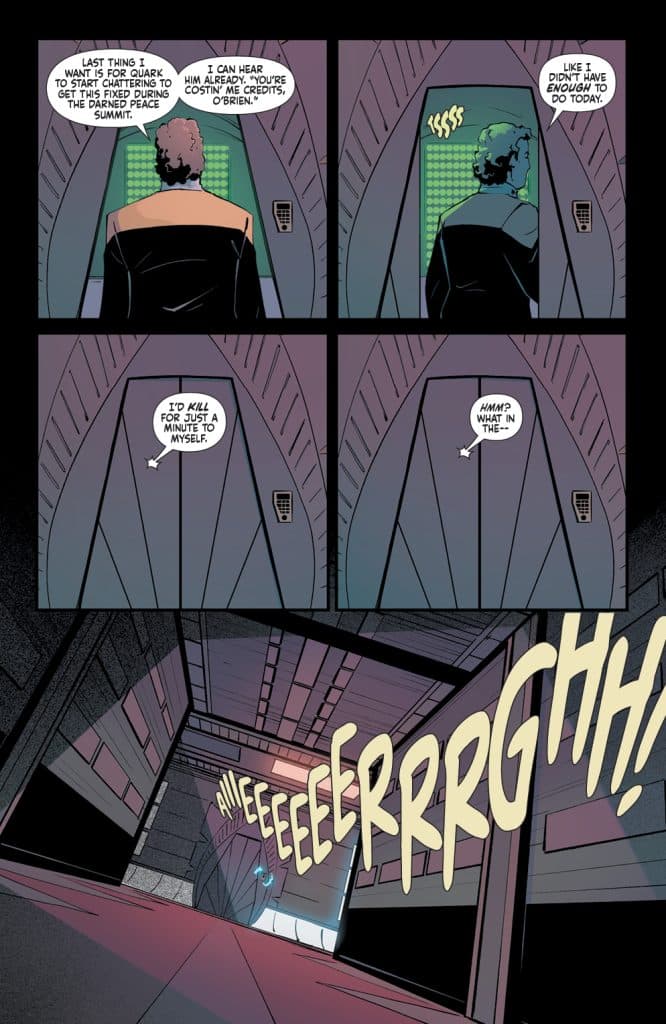 A comic panel featuring two men discussing concerns about a character named Quark. The first man expresses frustration about a previous incident and anticipates Quark's complaints. The second man reflects humorously on his own boredom, leading to a sudden noise from the hallway, suggesting tension or urgency.