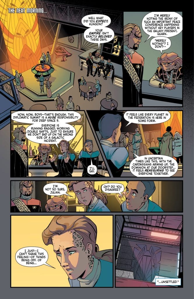 A comic page depicting a diplomatic summit in a futuristic setting with several characters in discussion. A Klingon character stands out, engaged in a conversation with others, while expressions convey tension and concern about the state of peace among different factions in the galaxy.