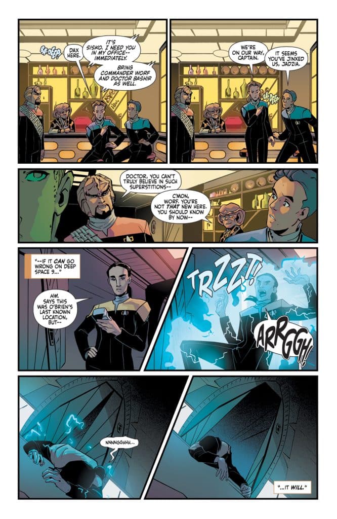 A comic panel featuring characters from a sci-fi series in a bar setting. The first panel shows Dax speaking to Sisko, while Worf and Bashir are also present. The second panel depicts Worf questioning a superstition, and Bashir responding. The third panel shows Bashir looking at a device with concern. The fourth panel illustrates some electrical effects creating tension, with a character in distress.