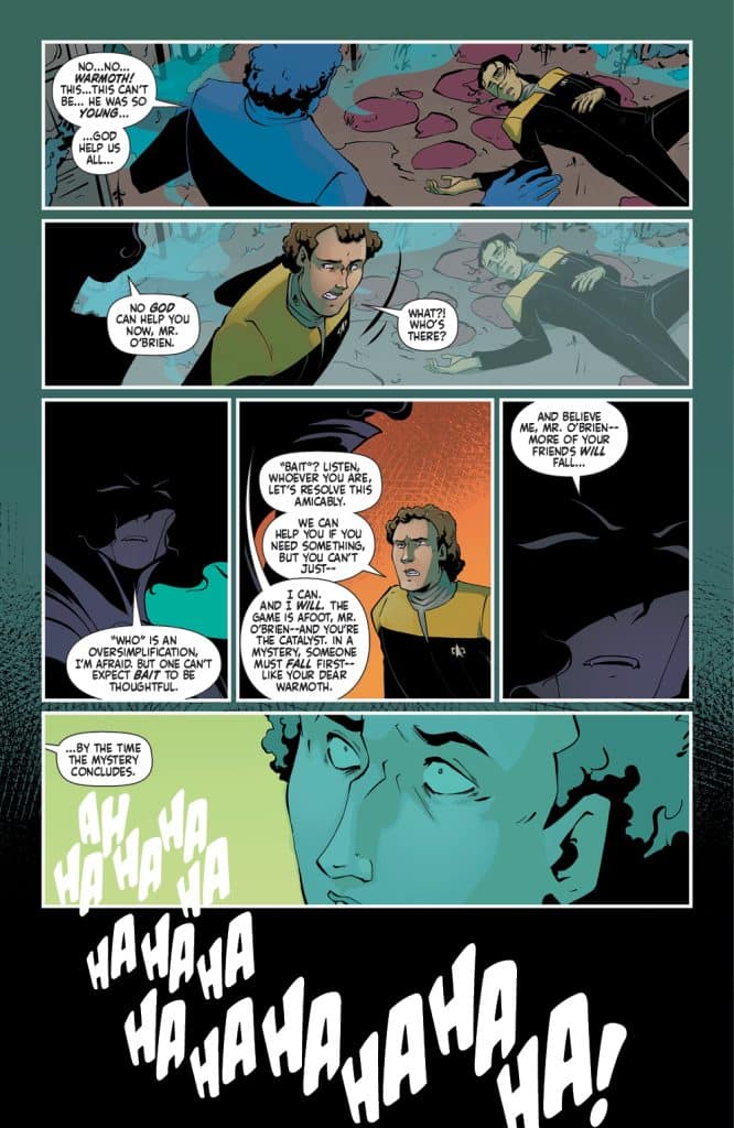 A comic panel featuring a dialogue exchange between two characters, one expressing despair and confusion over a tragic event, while the other responds with a sinister tone, hinting at a mystery involving danger and intrigue.