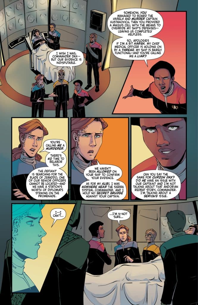 A comic book panel depicting a tense confrontation among a group of Starfleet officers. One officer, seated, appears to be critically injured, while the others are engaged in a heated discussion regarding responsibility and trust. The dialogue suggests themes of accountability and accusations of wrongdoing.