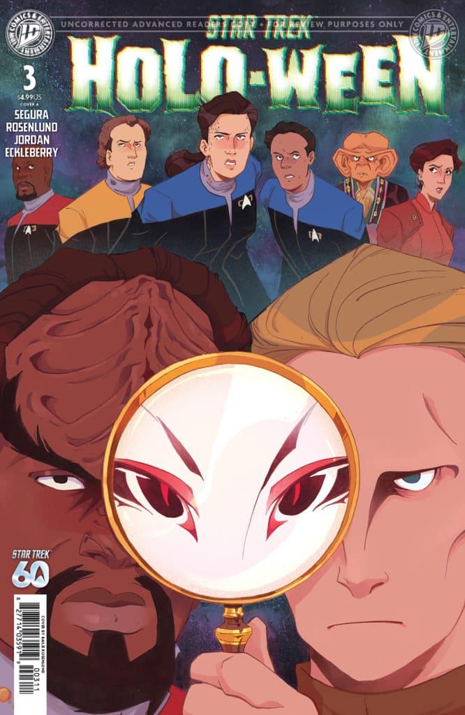 Comic book cover featuring characters from Star Trek in a Halloween-themed scenario, with a magnifying glass revealing a mysterious face. The title 'Star Trek Holo-ween' is prominently displayed at the top.