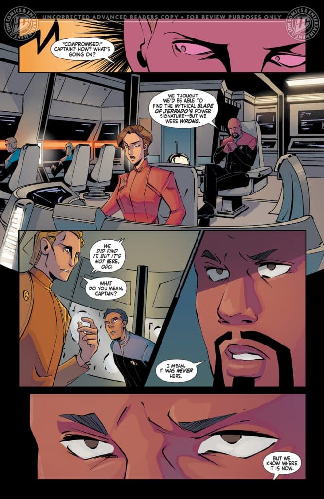 Comic book panel showing a conversation between characters in a spaceship. A captain expresses concern about a compromise, while other crew members react with questions and explanations about searching for a mythical power signature.