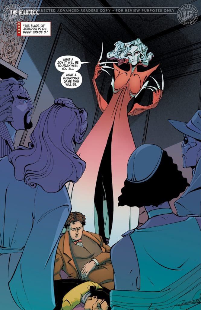 A tall, elegant character with white hair and long claws stands confidently, addressing a group of people in a dimly lit room. Some figures look frightened or shocked, while one slumps on the floor, suggesting tension or drama.