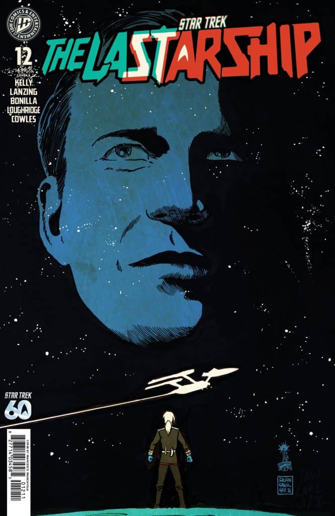 Cover of 'Star Trek: The Last Starship' comic book, featuring a character silhouetted against a starry background with a large face outline and a starship in the distance.