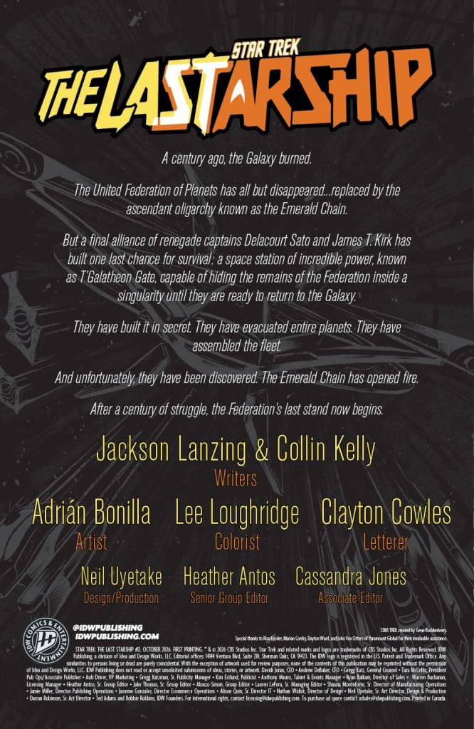 A promotional poster for 'Star Trek: The Last Starship' featuring the title prominently displayed, alongside a brief synopsis of the storyline involving the United Federation of Planets and the Emerald Chain. It includes credits for writers, artists, colorists, and editors involved in the project.