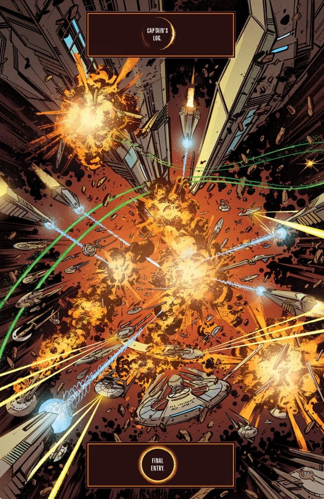A dynamic illustration featuring multiple spaceships engaged in battle, surrounded by explosions and laser beams, with captions reading 'Captain's Log' and 'Final Entry.'