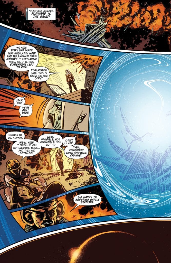 Comic page depicting a tense scene with characters strategizing around a glowing portal. One character is issuing commands while others react to the chaotic environment around them.