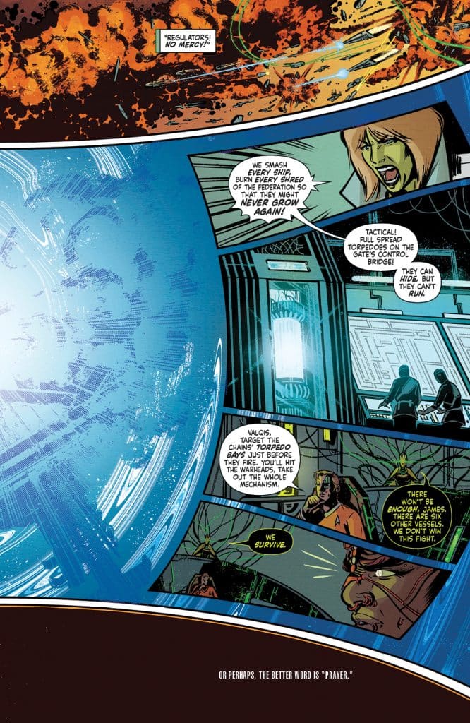 A comic book panel featuring a dramatic space battle scene with explosions and characters discussing tactical strategies in a control room. Speech bubbles contain urgent commands and a sense of impending danger.