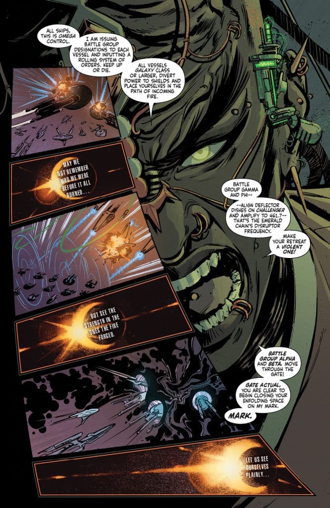 A comic book page featuring a commanding figure issuing orders for a space battle, with ships maneuvering and explosions depicted in various panels. The text conveys urgency and strategy as battle groups prepare for incoming fire.