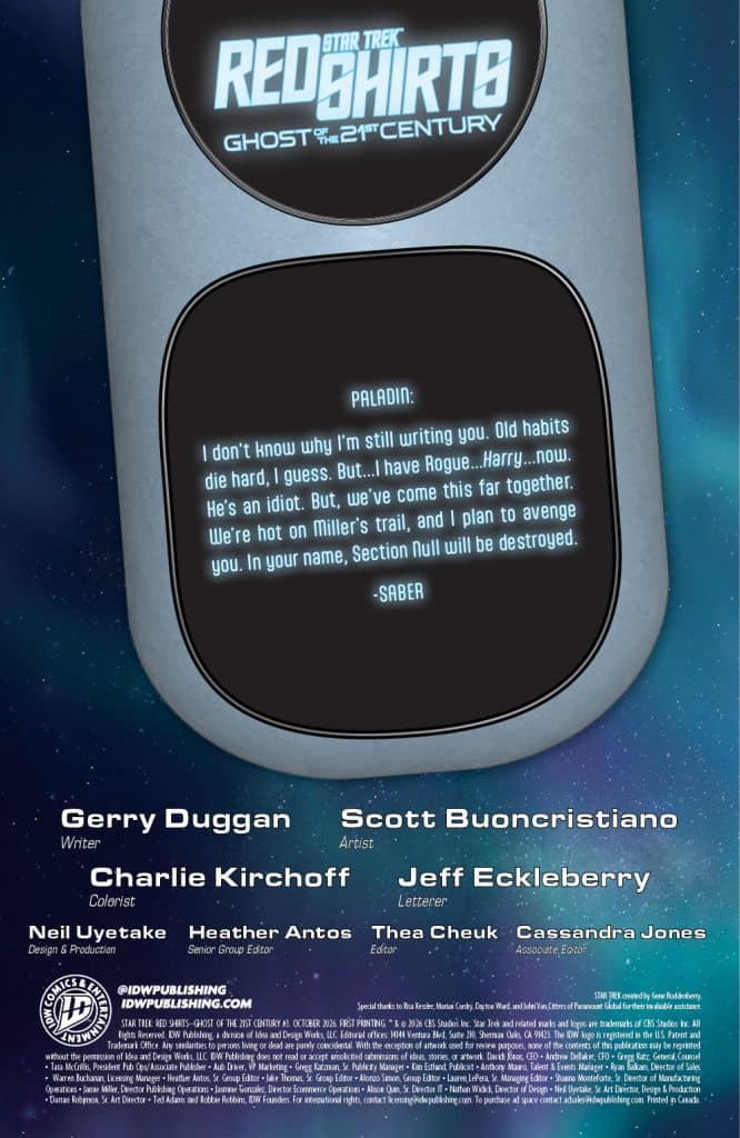 A digital tablet displaying a message from a character named Paladin, referencing a character named Harry and discussing Section Null. The background features a starry sky, indicating a science fiction theme. The image also includes credits for the writer, artist, colorist, and letterer of the comic.