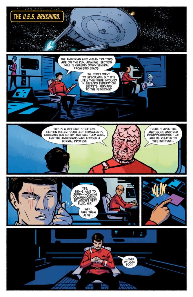 A scene from a comic featuring the U.S.S. Baychimo, showing characters discussing a mission involving Andorian and human traitors, with one character in a red uniform indicating urgency.
