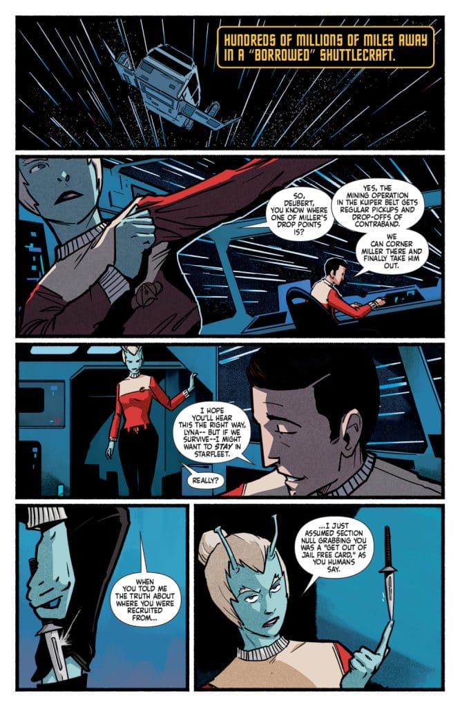 A comic panel featuring two characters in a space shuttle discussing a mission. One character, an alien with blue skin, is holding a device while speaking to a human male pilot. The background shows futuristic technology with a spaceship visible outside.