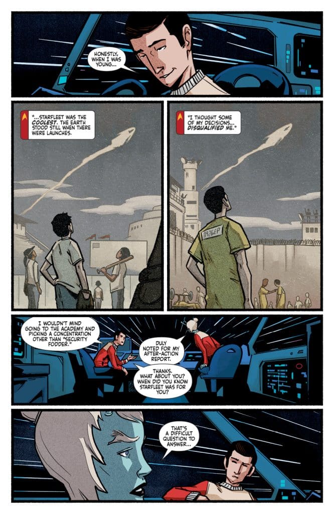 Comic panel depicting a conversation about Starfleet, with characters reflecting on their past experiences and aspirations. The scene includes a spaceship interior and interactions between a human male and an alien female.