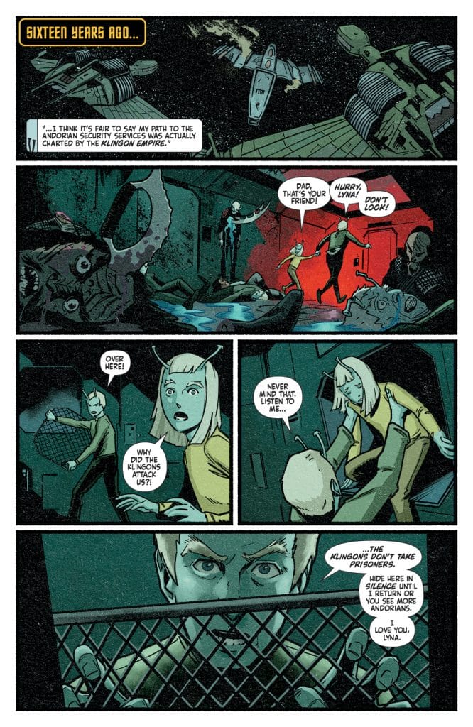 A comic panel set in a futuristic environment featuring a spaceship and characters in a dramatic scene. A child warns their father about a friend while another child expresses confusion over an attack. The father looks serious, emphasizing the danger involved.