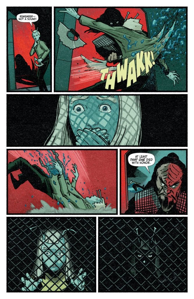 A comic panel depicting a dramatic scene where a character is being attacked, with the sound effect 'THWAKK!' prominently displayed. Another character looks shocked and frightened, while a third observes calmly. The atmosphere is tense and ominous, with contrasting colors enhancing the mood.