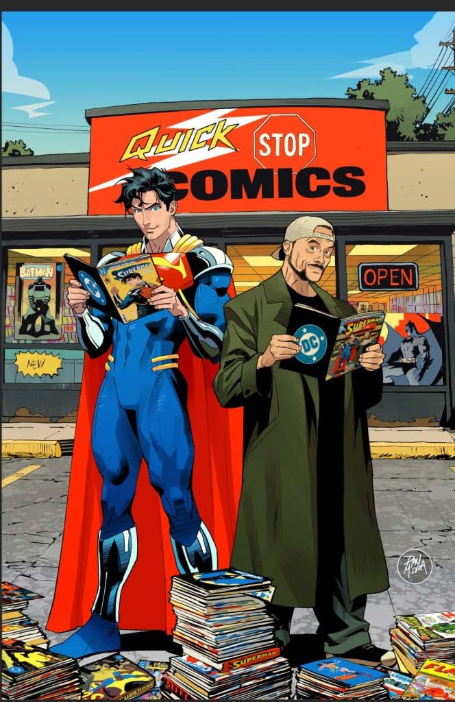 A superhero in a blue costume with a red cape and a man in a green coat stand outside a comic book shop named 'Quick Stop Comics,' both holding comic books. The ground is covered with stacks of comics.