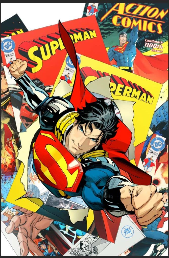Superman breaking through comic book covers, including Action Comics, showcasing a dynamic pose with a determined expression.