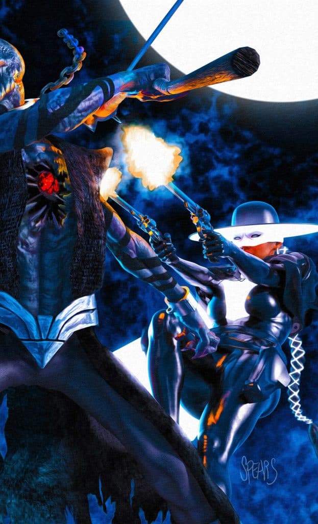 An intense battle scene featuring two figures, one wielding a bat and another holding guns, set against a dramatic blue and black background illuminated by a large moon.