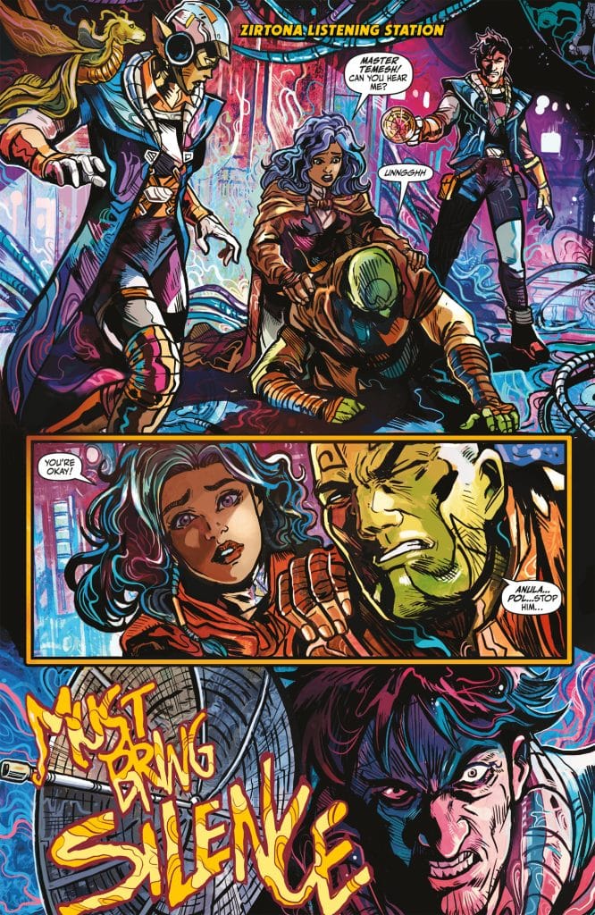 A vibrant comic book scene depicting characters in a sci-fi setting at the Zirtona Listening Station. Characters include a figure with headphones, a woman expressing concern, and a muscular green character. Dialogue bubbles indicate a sense of urgency and distress with phrases like 'Master Temesh, can you hear me?' and 'Must bring silence.' The artwork features bold colors and dynamic expressions.