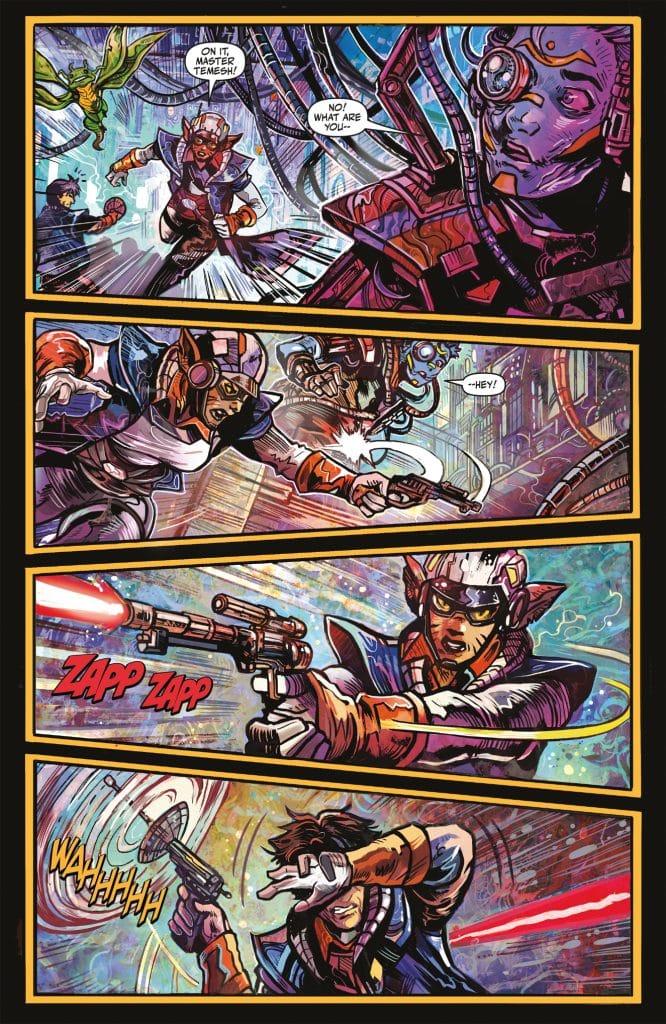 Comic panel featuring a futuristic setting with characters in action. The first panel shows a character named Temesh with a robotic eye and another character responding to him. The second panel depicts two characters aiming guns and speaking. The third panel illustrates one character shooting with the sound effect 'ZAPP ZAPP'. The final panel shows a character ducking from a blast with the sound effect 'WAHHHH'.