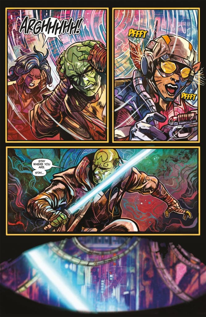 A comic book panel featuring a character in distress yelling 'ARGHHHH!', and another character with goggles responding with a sound 'Pfffft', while a third character, wielding a lightsaber, warns 'Stay where you are. Stay...' in an action-packed scene.
