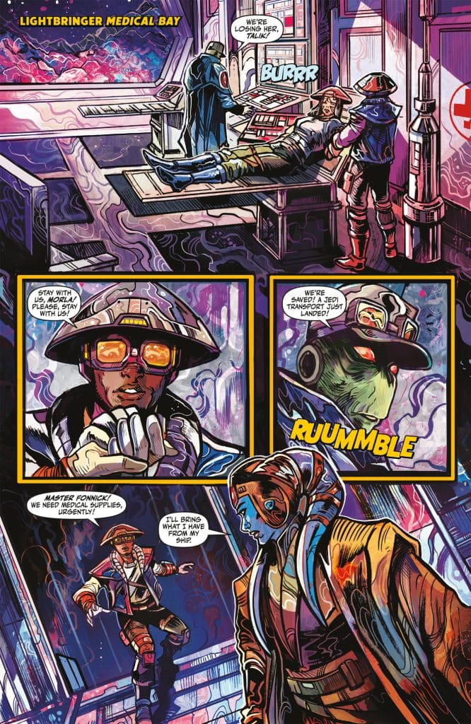 A scene from a comic depicting a chaotic medical bay on the Lightbringer spaceship, where characters are frantically working to save an injured individual on a medical table, with dialogue expressing urgency and the arrival of a Jedi transport.