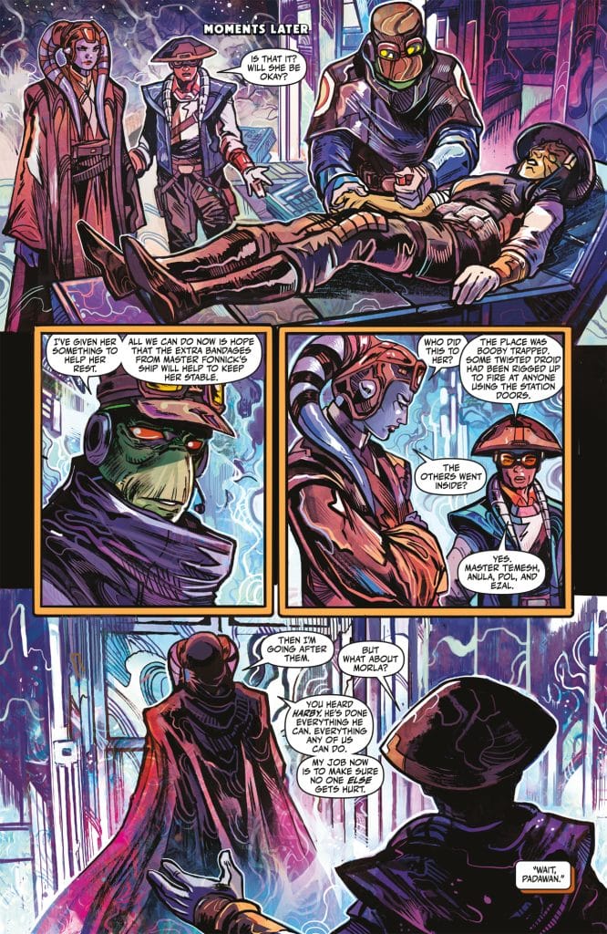 A scene from a comic book featuring four characters in a futuristic setting. Two characters in robes are discussing the well-being of another character lying unconscious on a futuristic medical bed, while a masked figure expresses concern about a dangerous situation. Dialogue reflects urgency and concern for a missing individual.
