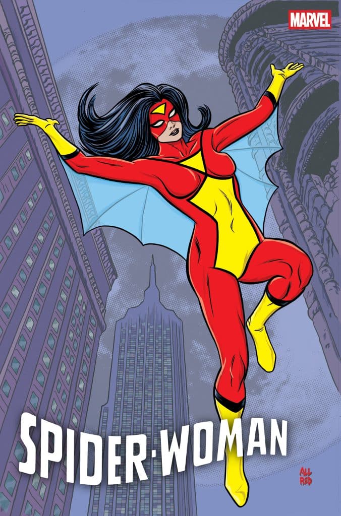 Illustration of Spider-Woman, a superhero, in a red and yellow costume, flying against a city skyline with skyscrapers.