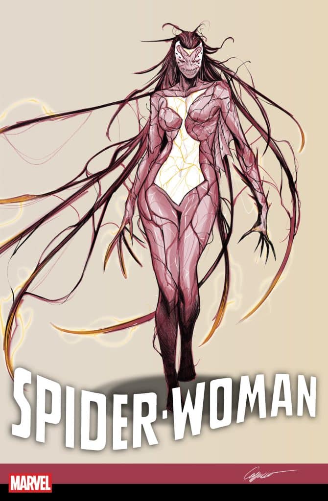 Illustration of Spider-Woman with elongated limbs and a unique costume, featuring shades of red and white, set against a light beige background.