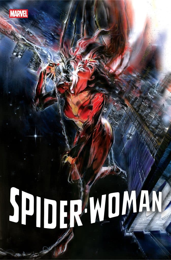Artwork of Spider-Woman in a dynamic pose, swinging through a city skyline at night. The background features a vibrant cityscape with a dramatic sky.