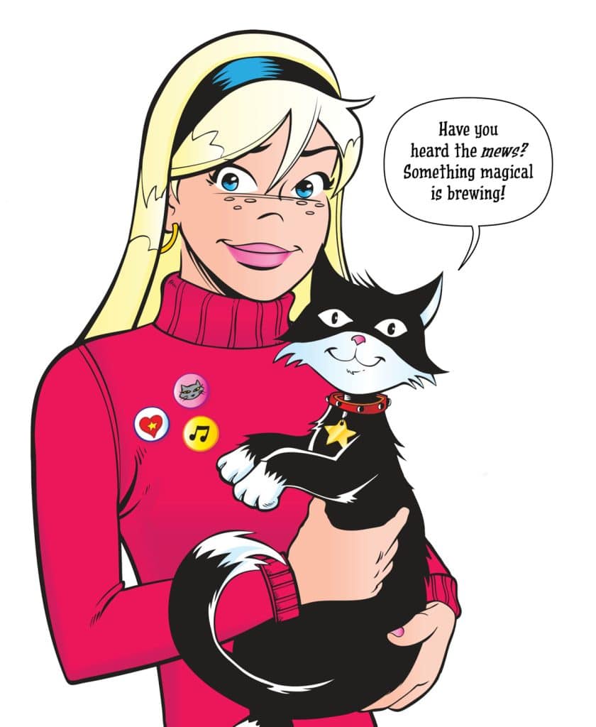 A girl with long blonde hair wearing a red sweater holds a black and white cat, smiling. A speech bubble says, 'Have you heard the mews? Something magical is brewing!'