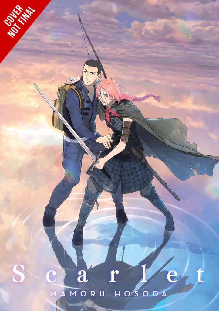 An animated book cover featuring two characters, a man and a woman, standing together in a dramatic pose with swords. The background shows a colorful sky, and the title 'Scarlet' with the author's name 'Mamoru Hosoda' is displayed at the bottom, with a banner indicating 'COVER NOT FINAL'.