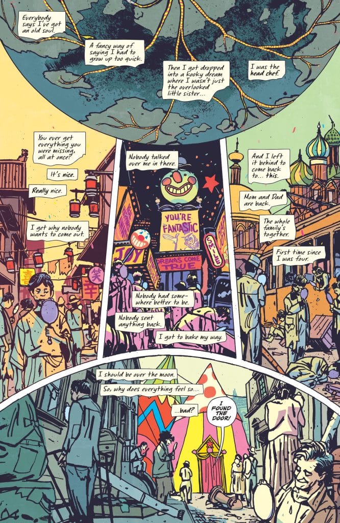 A colorful comic strip featuring a character reflecting on life experiences. The background shows a vibrant city scene with various characters walking, while speech bubbles convey the character's thoughts and feelings about nostalgia and personal growth.