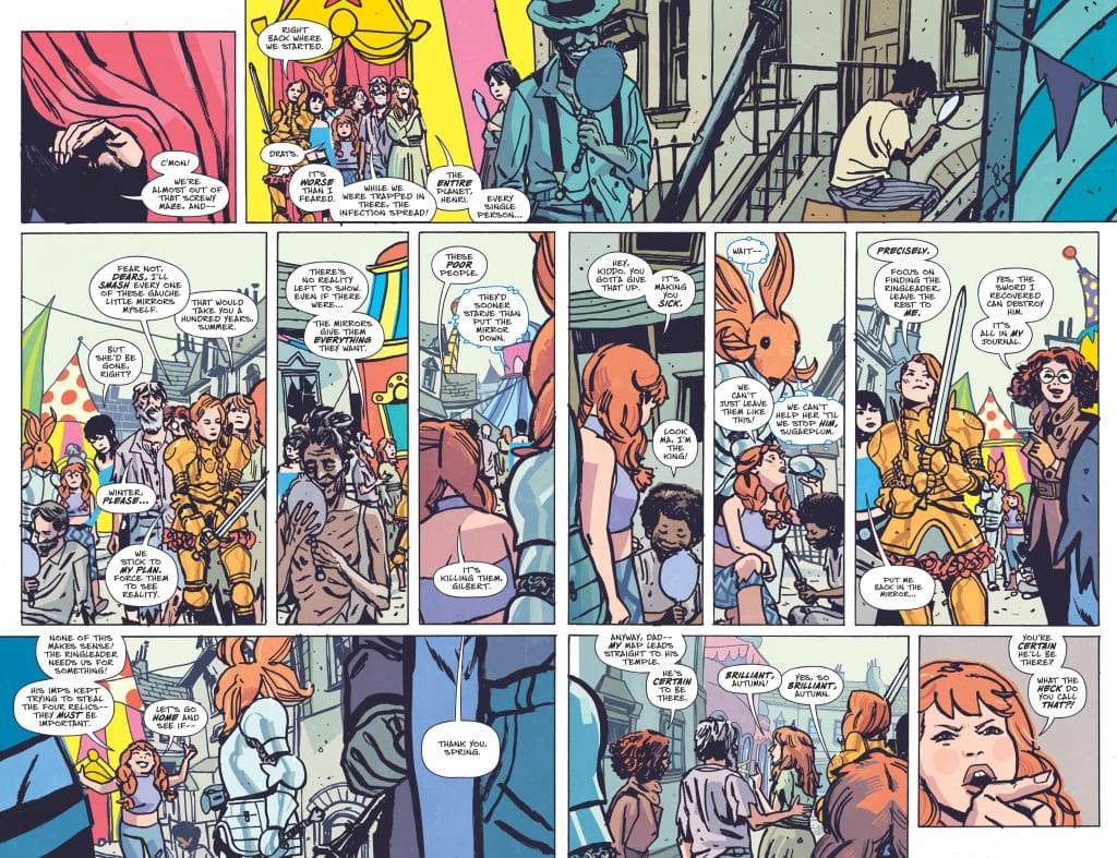 A comic book page featuring multiple panels with colorful characters engaging in conversation, including individuals in costumes and discussing a journey. The background shows a whimsical carnival setting.