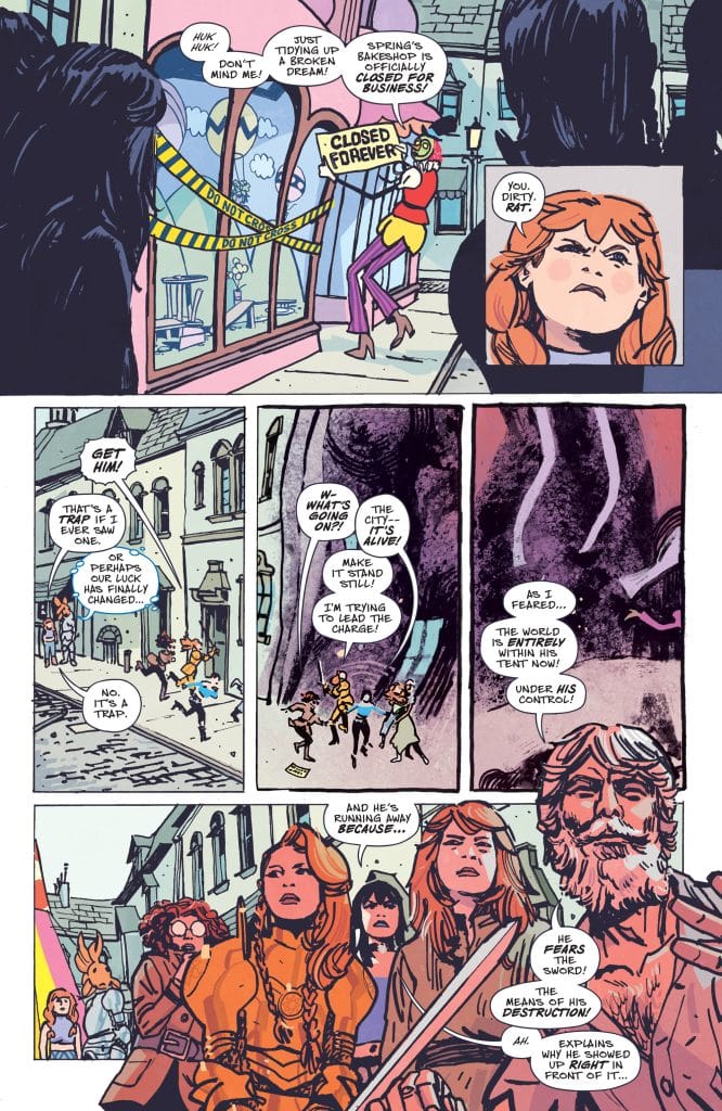 A colorful comic panel depicting characters reacting to a closed bakery, with expressions of surprise and concern. A character in a yellow outfit holds a sign that says 'Closed Forever.' Various townspeople appear to be discussing a strange situation, and a few characters seem to be in action, suggesting a sense of urgency.