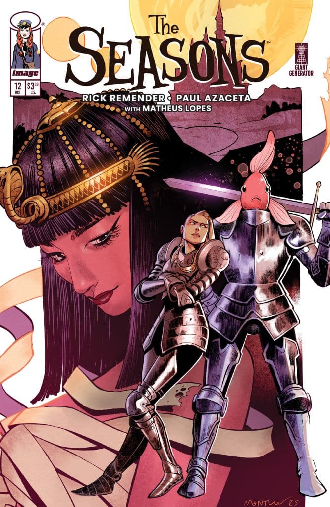 Comic book cover for 'The Seasons' featuring a woman with long hair and an Egyptian headdress, a knight in armor, and a humorous character with a rabbit head, set against a colorful background.