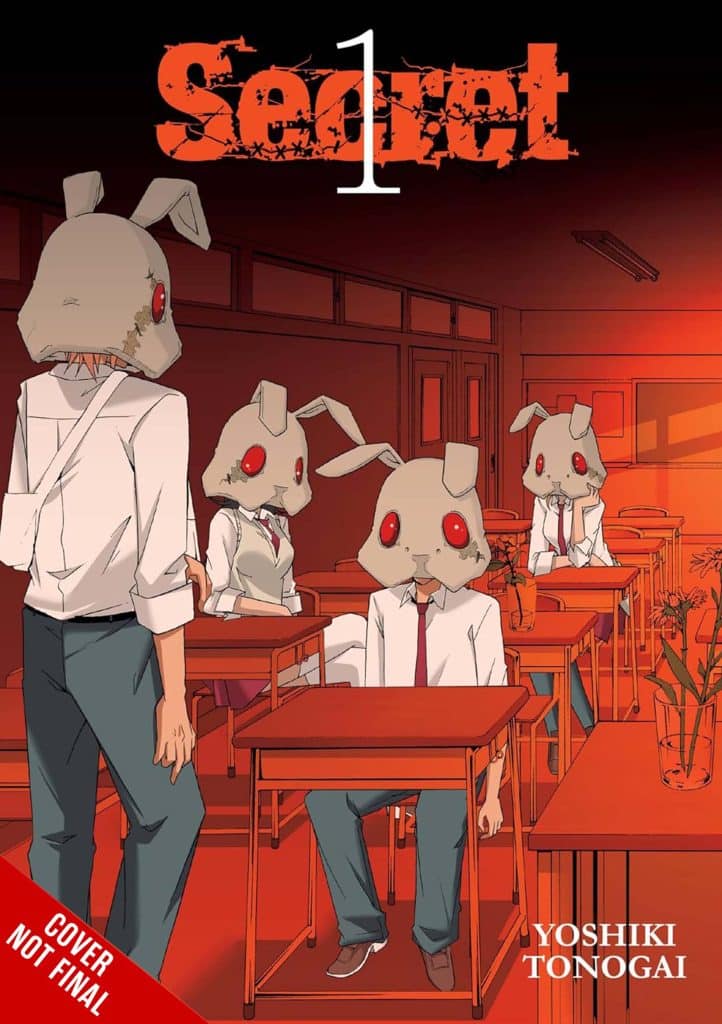  manga cover featuring four students with rabbit masks sitting at desks in a classroom, with a red and black color scheme and the title 'Secret 1' prominently displayed