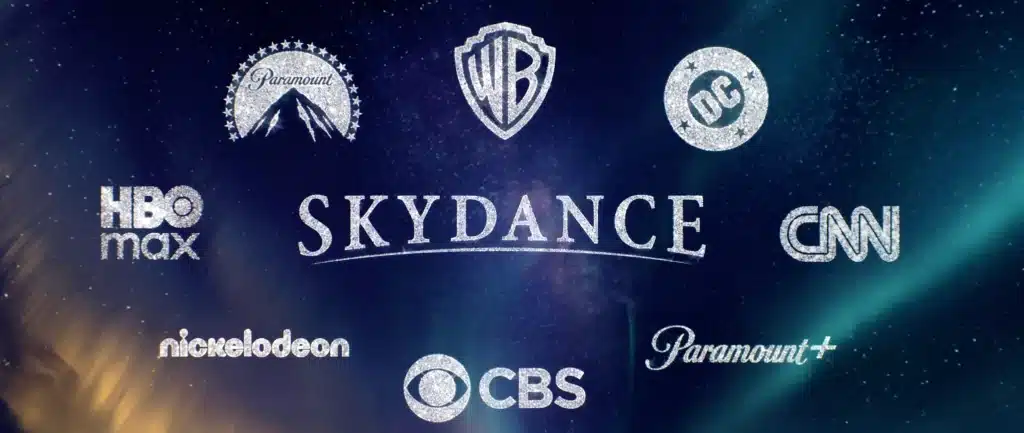 Logos of various media companies including Paramount, HBO Max, Skydance, Warner Bros, DC, CNN, Nickelodeon, CBS, and Paramount+ against a starry background.