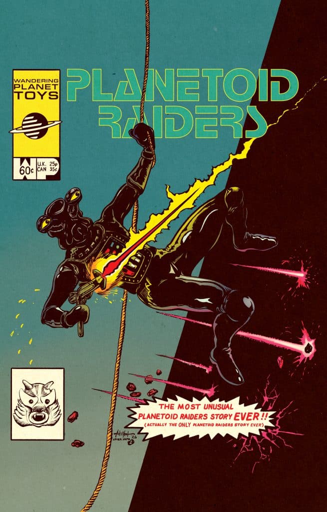 Comic book cover for 'Planetoid Raiders' featuring a figure in a black suit climbing with a rope and shooting energy beams, with a colorful background and an animal illustration on the left.
