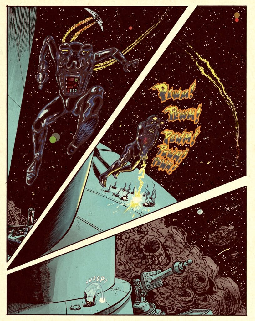 A comic-style illustration depicting a futuristic robot in space, jumping or leaping while shooting blasts. Background includes stars, planets, and a distant spaceship, with action words like 'Pew!' and 'Whoop!' enhancing the dynamic scene.