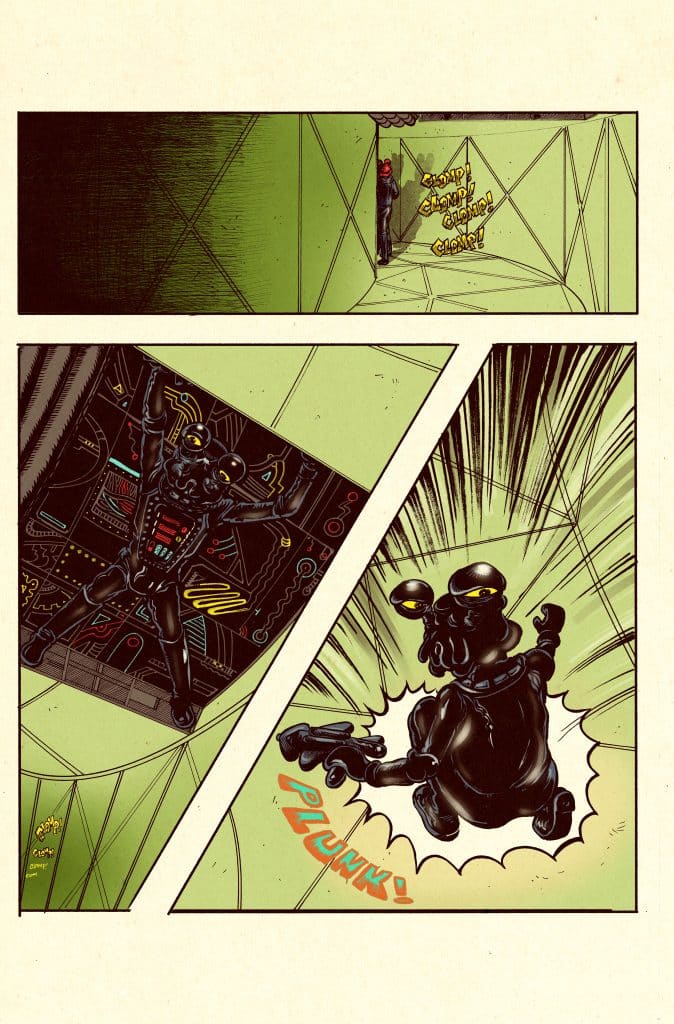 A comic panel showing a character in a green environment, expressing surprise with sound effects, while a robot-like figure is depicted in the background. In the next panel, a cartoonish black dog with large eyes is falling, accompanied by a sound effect 'PLUNK!'