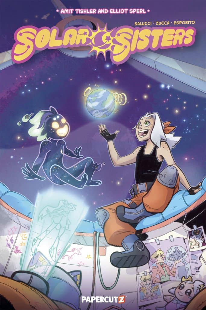 Cover of the comic book 'Solar Sisters' featuring two characters in a spaceship, one with glowing features and the other in a space suit, surrounded by stars and planets.