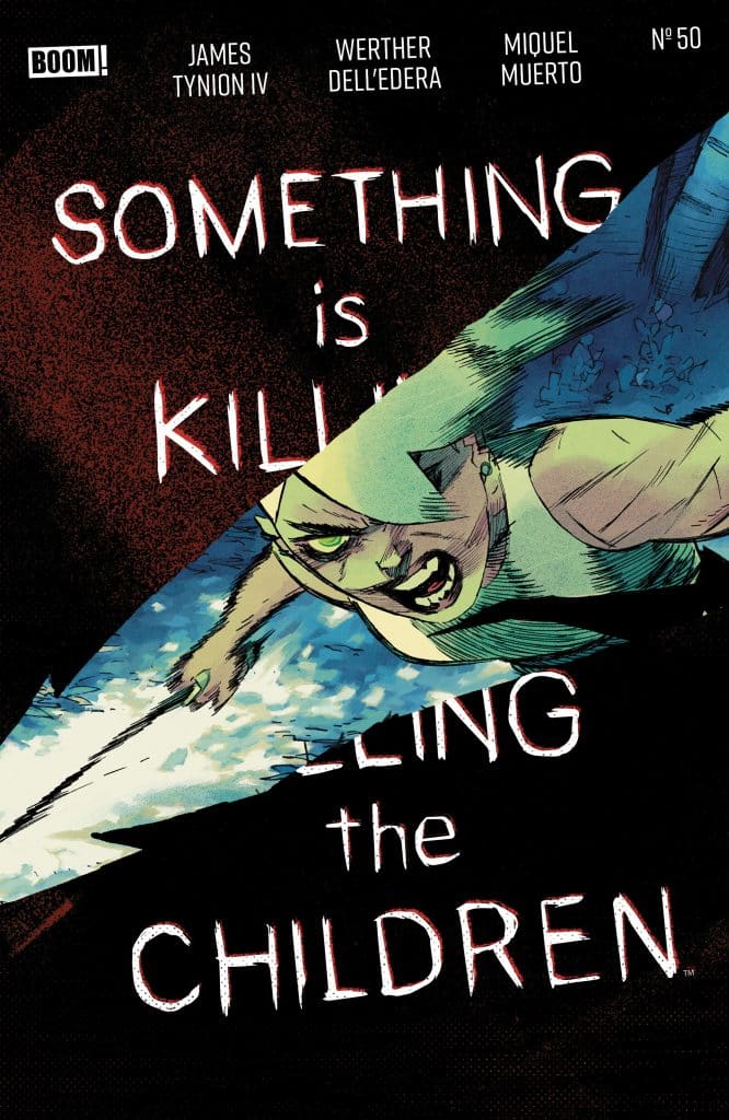 Cover of the comic book 'Something is Killing the Children' issue number 50, featuring an action scene with a character depicted in vibrant colors, symbolizing tension and intrigue.