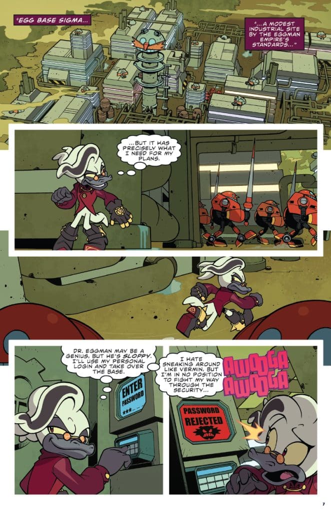 A comic panel showing a character observing Egg Base Sigma from above, with an industrial backdrop and robotic enemies in the foreground. The character contemplates the base's resources while pondering security challenges.
